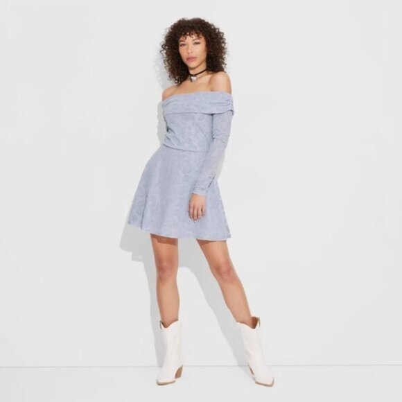 Share Long Sleeve Flocked Mini Fit and Flare Dress, Blue - Size: Medium - Picture 1 of 7